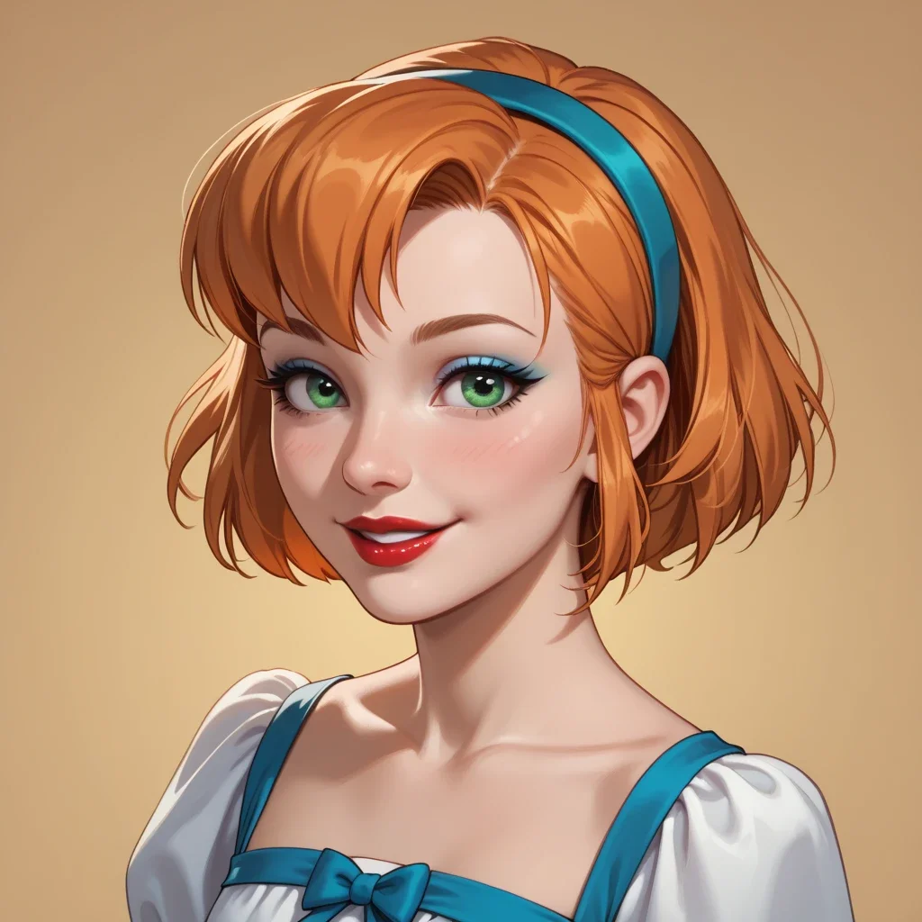 1girl, solo, portrait, centered on the face, looking at the viewer, cecilia, (adult body:1.2), perfect eyes, petite body, small round breasts, orange hair, short hair, green eyes, makeup, eyeliner, eyeshadow, lipstick, shy smile, dress, hairband