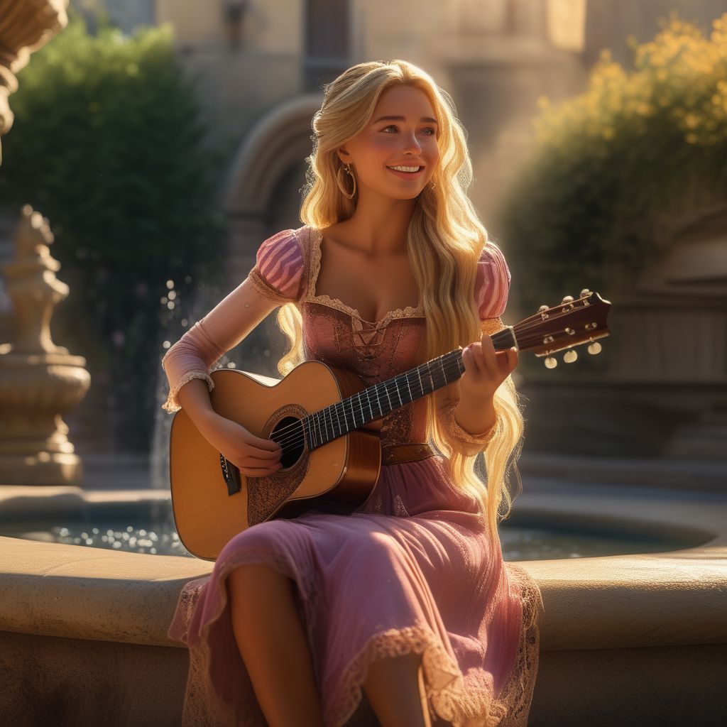 full body shot, realistic, stunningly realistic, trending on artstation, lights and shadows,rapunzel, 1girl, blonde hair, cute, sitting on the edge of a fountain, playing guitar, original style, village, upper teeth,, revealing cleavage, very seductive, detailed dress with lace, barefoot, very long blonde hair , jewelry, sexy look in the face, dynamic pose, posing gracefully on the edge of a fountain, , (masterpiece), best quality, highres, 4k, 8k, intricate detail, cinematic lighting, amazing quality, amazing shading, soft lighting, 35mm, analog style, a realistic photo, film grain, (photorealistic:0.6), taken by a canon eos r5, ultra detailed skin, ultra detailed face, perfect eye, small skin imperfections, large boobs, Stocky body, half-closed green eyes, very long blonde hair, chromatic aberration, colorful, bright colors,