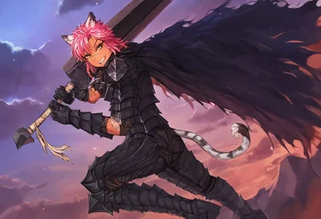 masterpiece, very aesthetic, anime screenshot, 1girl, Pink_PonyXL, DragonSlayerSword-Il.V1.0, black armor, shoulder armor, gauntlets, greaves, bandaged arm, black cape, torn cape, bright pink hair, cat ears, scar on nose, cat bell around neck, tanned, white tiger tail, small breasts, femine body, smiling, making a cute cat face, single fanged tooth showing, standing, looking at viewer, side view, wielding-dragonslayer, huge weapon, sword, holding sword, holding weapon, full body, zoomed in on pink_ponyxl, Dutch angle, cowboy shot
Break
City of hyrule on fire, at night