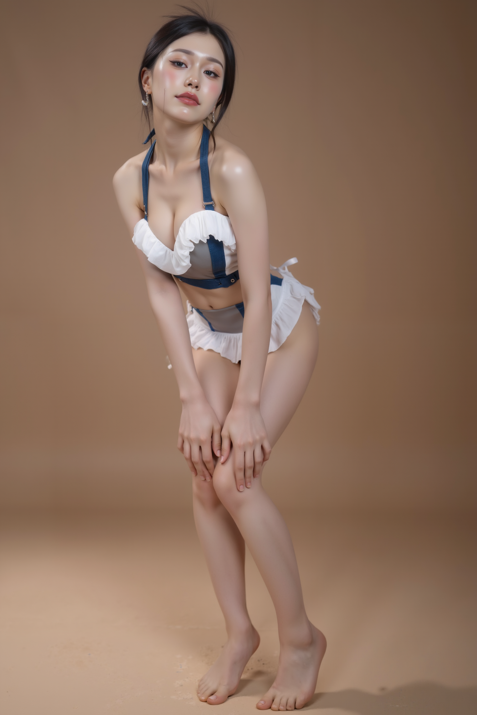 A professional, high-resolution image of a young woman is posed standing in a natural S-curve in the body silhouette. This classic posing technique creates visual interest and a sense of elegance.

She is wearing a blue and white SGWN98Clothing. Her makeup is dramatic, with dark eyeliner and bold, glossy pink lips. 

The lighting features a high-contrast, monochromatic white color scheme that creates a moody, intimate atmosphere. 

The photography technique uses what appears to be soft lighting to create a glamorous effect, with careful attention to highlighting contours while maintaining the dominant light brown color scheme throughout the frame.

The overall aesthetic combines elements of fashion photography, traditional Asian visual motifs, and contemporary boudoir styling. The dramatic light brown lighting creates a cohesive visual theme that ties all elements of the composition together.

The white light emit on her to show her feature.