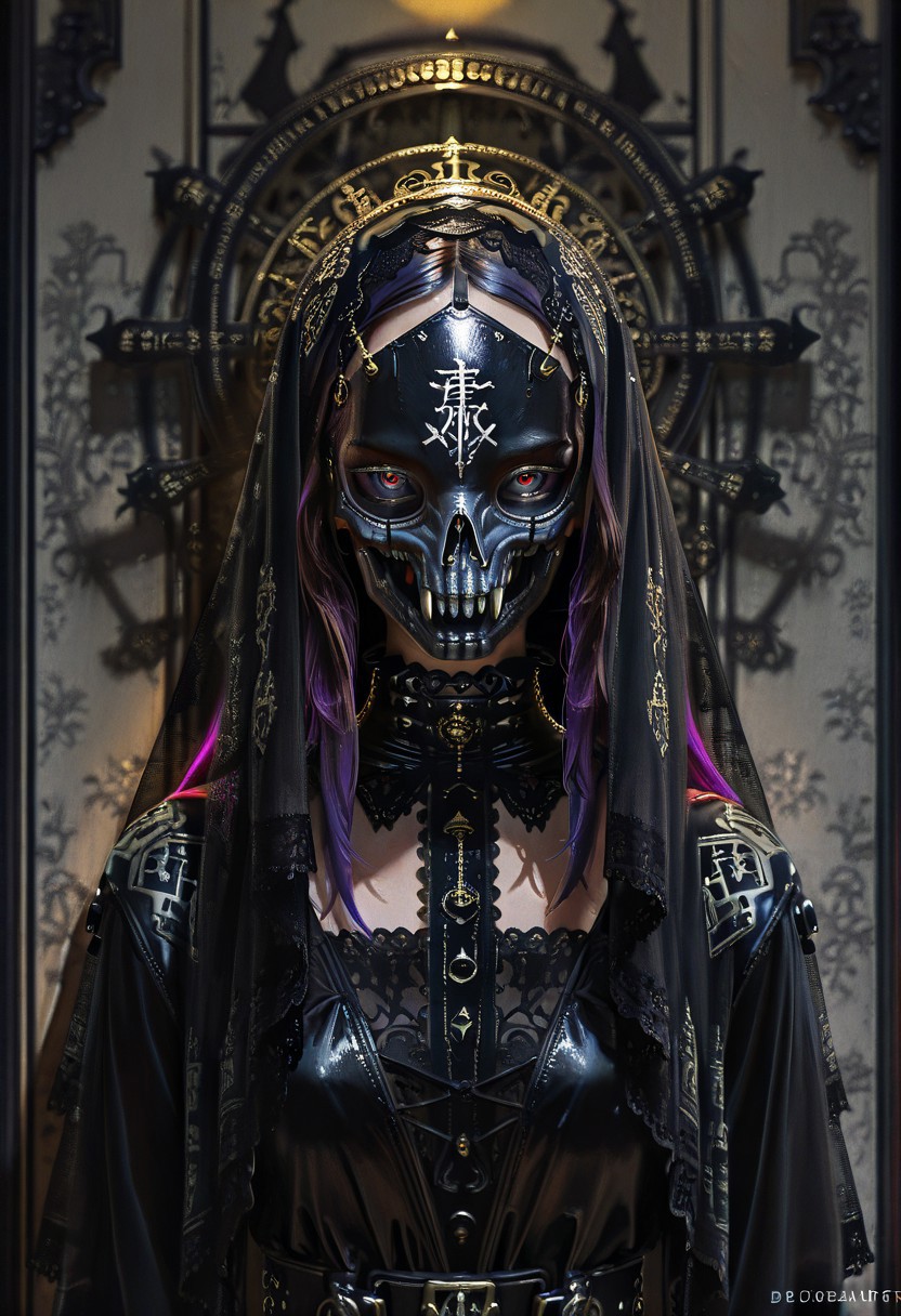 (absurdres, highres, masterpiece, absurdly_hires, best_quality, depth_of_field, cyberpunk, futuristic, science_fiction, biomechanical, mechabare, textured_hair, textured_clothing, skin texture, realistic, blender_\(artwork\), photo-referenced, photo_background)
(dre4mingde4th, solo, upper_body, looking_at_viewer, skull_mask, veil, gold, long_hair, dark_hair, black_gloves, lace, gothic, jewelry, chains, ornate, detailed, dramatic_lighting, mysterious, black_dress, wall_background, shadow)