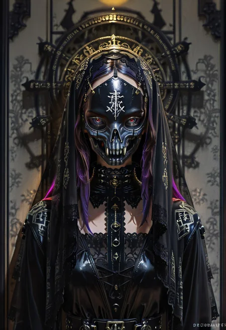 (absurdres, highres, masterpiece, absurdly_hires, best_quality, depth_of_field, cyberpunk, futuristic, science_fiction, biomechanical, mechabare, textured_hair, textured_clothing, skin texture, realistic, blender_\(artwork\), photo-referenced, photo_background)
(dre4mingde4th, solo, upper_body, looking_at_viewer, skull_mask, veil, gold, long_hair, dark_hair, black_gloves, lace, gothic, jewelry, chains, ornate, detailed, dramatic_lighting, mysterious, black_dress, wall_background, shadow)