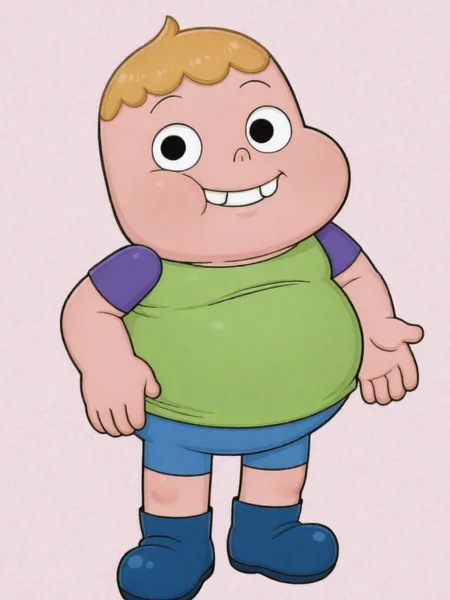 ILXLpos,chibi,Clarence, 1boy, male focus, plump, fat, chubby, obese, earless, no ears, two teeth, nostrils, young, short, blonde hair,green shirt, purple sleeves, blue shorts, blue shoes,smile,looking at viewer,<lora:Clarence Wendle:0.8>,<lora:Old MapleStory Style:1.0>