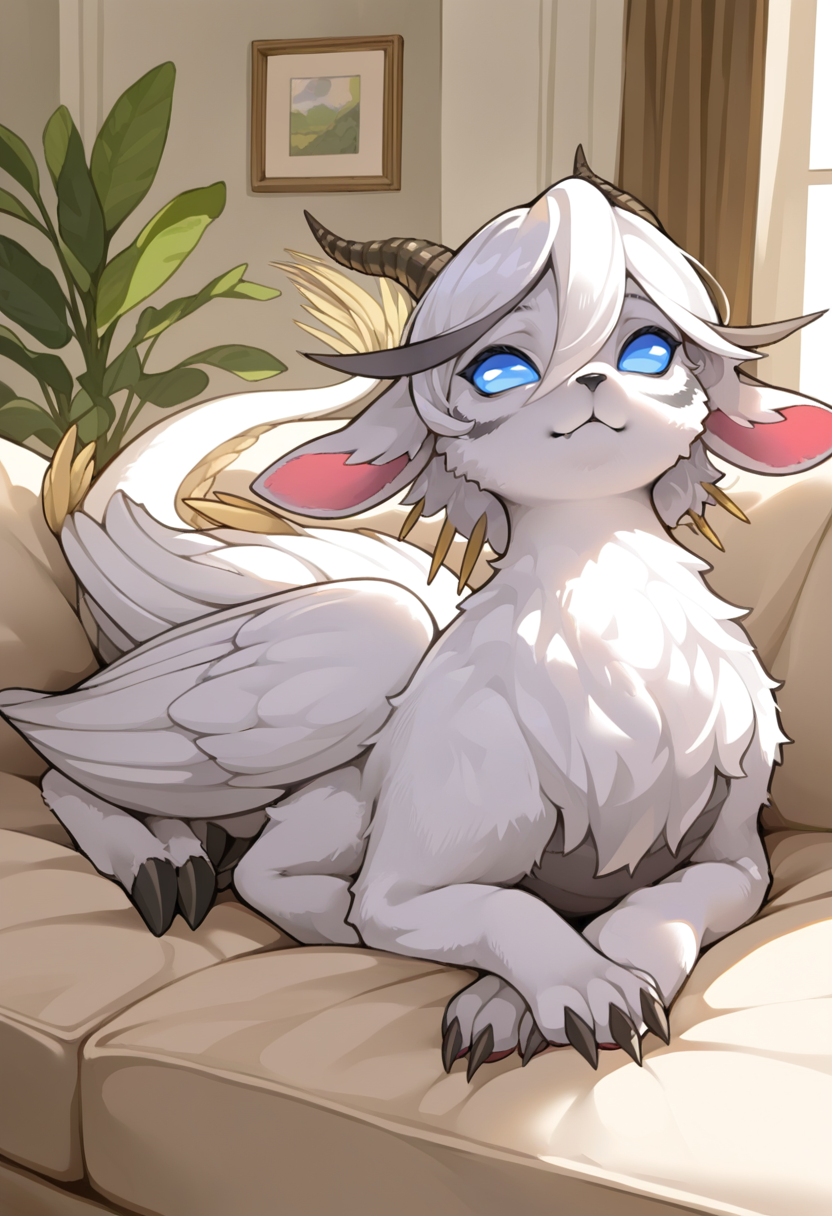 <lora:YGO_BWotDS_a1_13_NoobXL-eps:1>,<lora:EatSleep1111StyleSDXL11:0.7>,<lora:merrytailSDXLstyle:0.3>,eatsleep1111,merrytail,masterpiece,best quality,amazing quality,high quality,very aesthetic,absurdres,newest,shaded,digital media \(artwork\),depth of field,solo,ygobwotds,taur,detailed background,side view,folded wings,blue eyes,no sclera,no pupils,pose,(handpaw:1.3),cloven hooves,sofa,tail,on front,