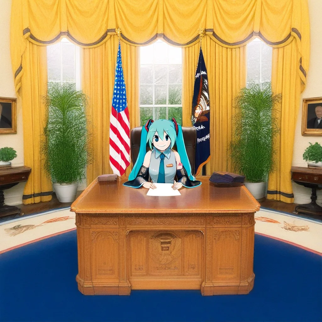 anime screenshot, sitting, 1girl, solo, hatsune miku, twintails, blue hair, necktie, sleeveless, sleeveless shirt, detached sleeves, collared shirt, looking at viewer, smile, holding paper, sitting, behind desk, seal of the president of the United States, oval_office, resolute_desk, curtains, window, flag, plant, potted plant, indoors, carpet, flag, american flag, blue carpet, masterpiece