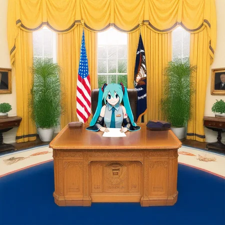anime screenshot, sitting, 1girl, solo, hatsune miku, twintails, blue hair, necktie, sleeveless, sleeveless shirt, detached sleeves, collared shirt, looking at viewer, smile, holding paper, sitting, behind desk, seal of the president of the United States, oval_office, resolute_desk, curtains, window, flag, plant, potted plant, indoors, carpet, flag, american flag, blue carpet, masterpiece