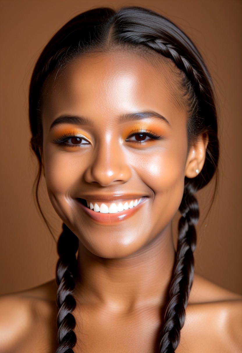 (masterpiece:1.3), (best quality:1.3), (ultra-detailed:1.3), 8K, high resolution, volumetric lighting, hyperrealistic, skin texture, beautiful, BREAK 1girl, close-up, portrait, nigerian teen girl, 18 years old, rich dark brown skin, medium-length artistic box braids, shaved sides, defined facial structure, natural glow, deep brown eyes, neon eyeliner, glossy lips, bright smile, beautiful face, perfect skin with highlights, high detail, photorealistic, solo