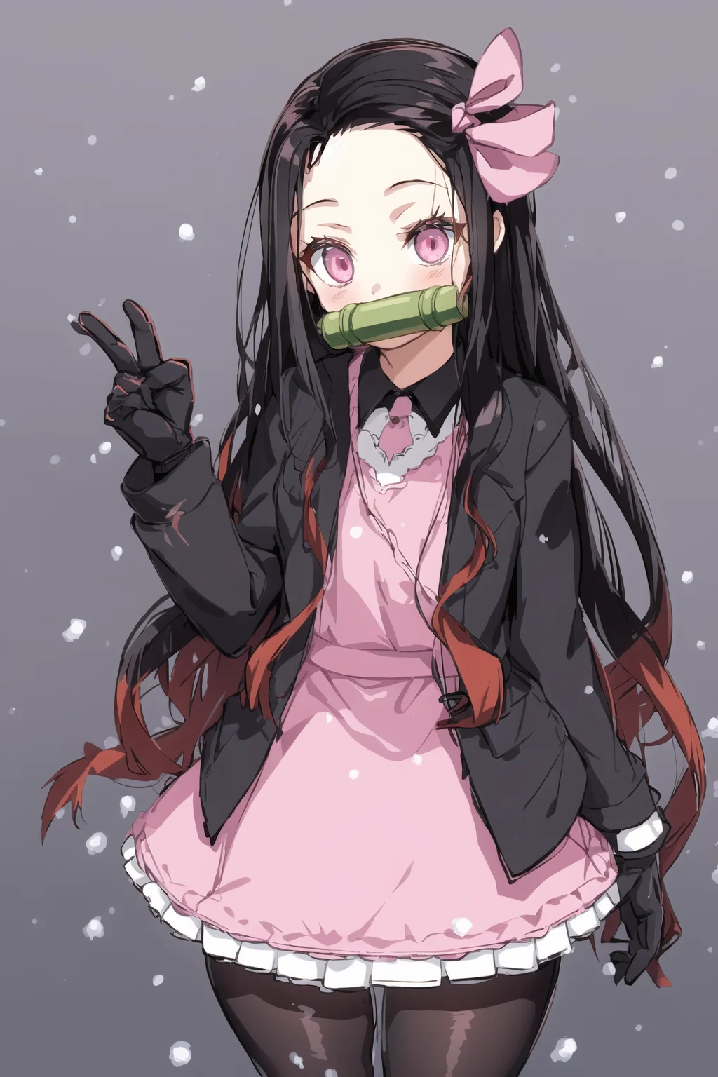 <lora:Nezuv1:0.6>, 1girl, bamboo, bit gag, black hair, black legwear, checkered, gag, gagged, gloves, gradient, gradient background, gradient hair, grey background, hair ribbon, kamado nezuko, long hair, looking at viewer, mouth hold, multicolored hair, pantyhose, pink eyes, pink ribbon, polka dot, polka dot background, ribbon, sitting, snowing, solo, two-tone hair, very long hair
