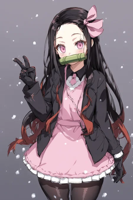 <lora:Nezuv1:0.6>, 1girl, bamboo, bit gag, black hair, black legwear, checkered, gag, gagged, gloves, gradient, gradient background, gradient hair, grey background, hair ribbon, kamado nezuko, long hair, looking at viewer, mouth hold, multicolored hair, pantyhose, pink eyes, pink ribbon, polka dot, polka dot background, ribbon, sitting, snowing, solo, two-tone hair, very long hair