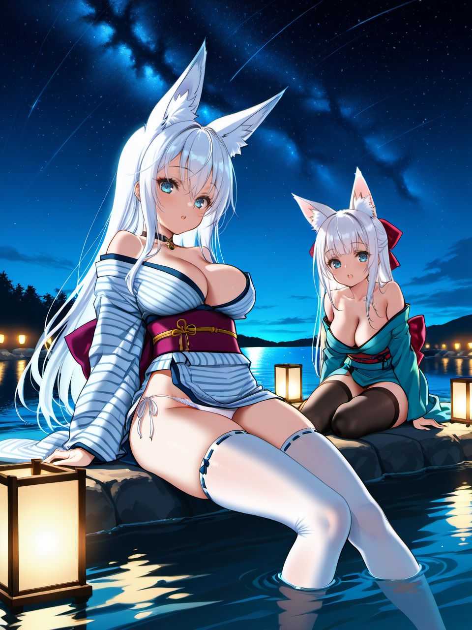 masterpiece, best quality, amazing quality, very aesthetic, high resolution,
ch0c0, multiple girls, 2girls, breasts, panties, thighhighs, animal ears, underwear, japanese clothes, large breasts, striped, lantern, star (sky), long hair, cleavage, night, starry sky, water, side-tie panties, kimono, sitting, white panties, sash, sky, blue eyes, partially submerged, fox ears, obi, white hair, open mouth, looking at viewer,
<lora:choco_style_v1_illustrious_epoch_7:0.9>,