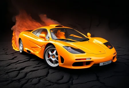 Realistic photography of a (1993 McLaren F1:1.1), orange paint job, (5 spoke rims:0.6), studio lighting focused on the car, flames all around the car, surrounded by lava rivers, black sand ground, HavvoricFireDarkstyle, Cars&bikeslora