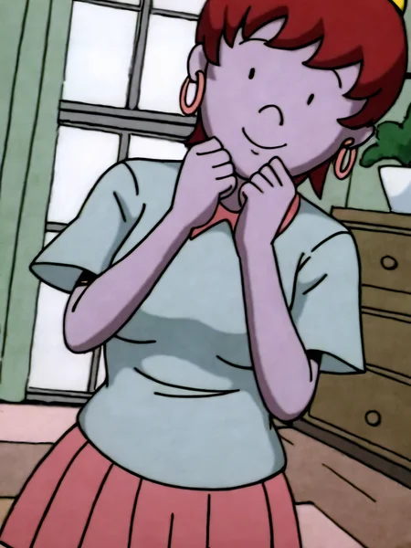 score_9, source_anime, masterpiece, high quality, BREAK, 1girl, <lora:Beebee_Bluff_PDXLv0:0.7> beebee bluff, hoop earrings, aged up, medium breasts, wide hips, adult figure, mature body, looking at viewer, indoors, light smile, hands under chin, white collared shirt, short sleeves, pleated skirt,