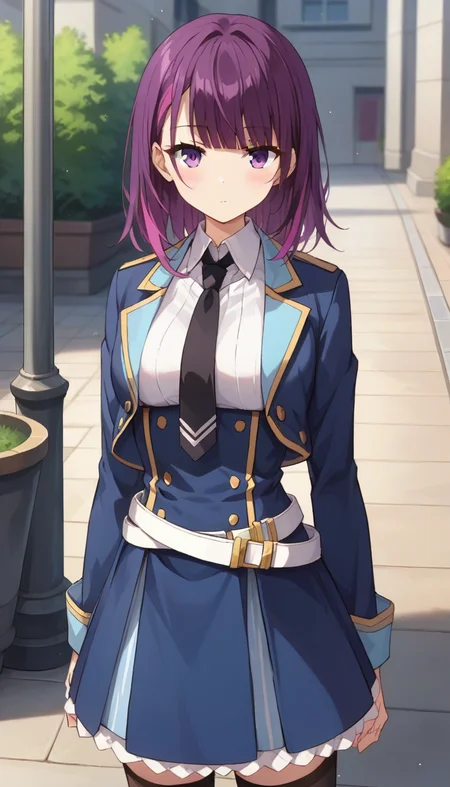 score_9,score_8_up,score_7_up,score_6_up BREAK official art,1girl,solo,outdoors,upper body,(portrait:1.5),looking at viewer,facing viewer,expressionless,blush,Mind Control Squadmate 4,medium hair,purple hair,multicolored hair,shiny hair,sidelocks,blunt bangs,purple eyes,blue jacket,cropped jacket,open jacket,wing collar,short necktie,black necktie,white shirt,collared shirt,dress shirt,long sleeves,medium breasts,double-breasted,white belt,blue skirt,high-waist skirt,pleated skirt,frilled skirt,zettai ryouiki,black thighhighs,loafers,black footwear,<lora:Mind Control Squadmate 4(sgmt)-Pony:1.2>,
