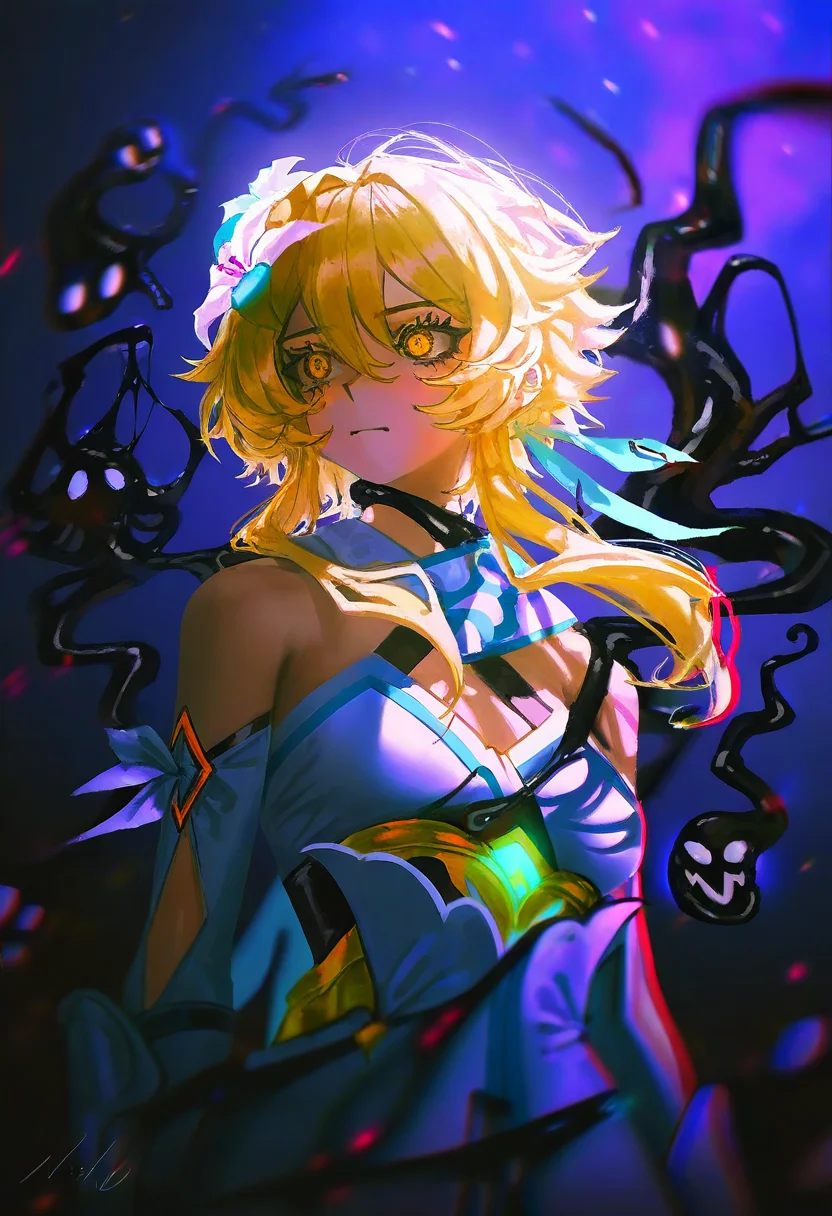 masterpiece, best quality,artist:john_kafka,artist:nixeu,artist:quasarcake, chromatic aberration, film grain, horror \(theme\), limited palette, high contrast, color contrast, cold colors, lumine \(genshin impact\), short hair with long locks, blonde hair, hair flower, yellow eyes, black theme, black goo, darkness, gritty, graphite \(medium\),