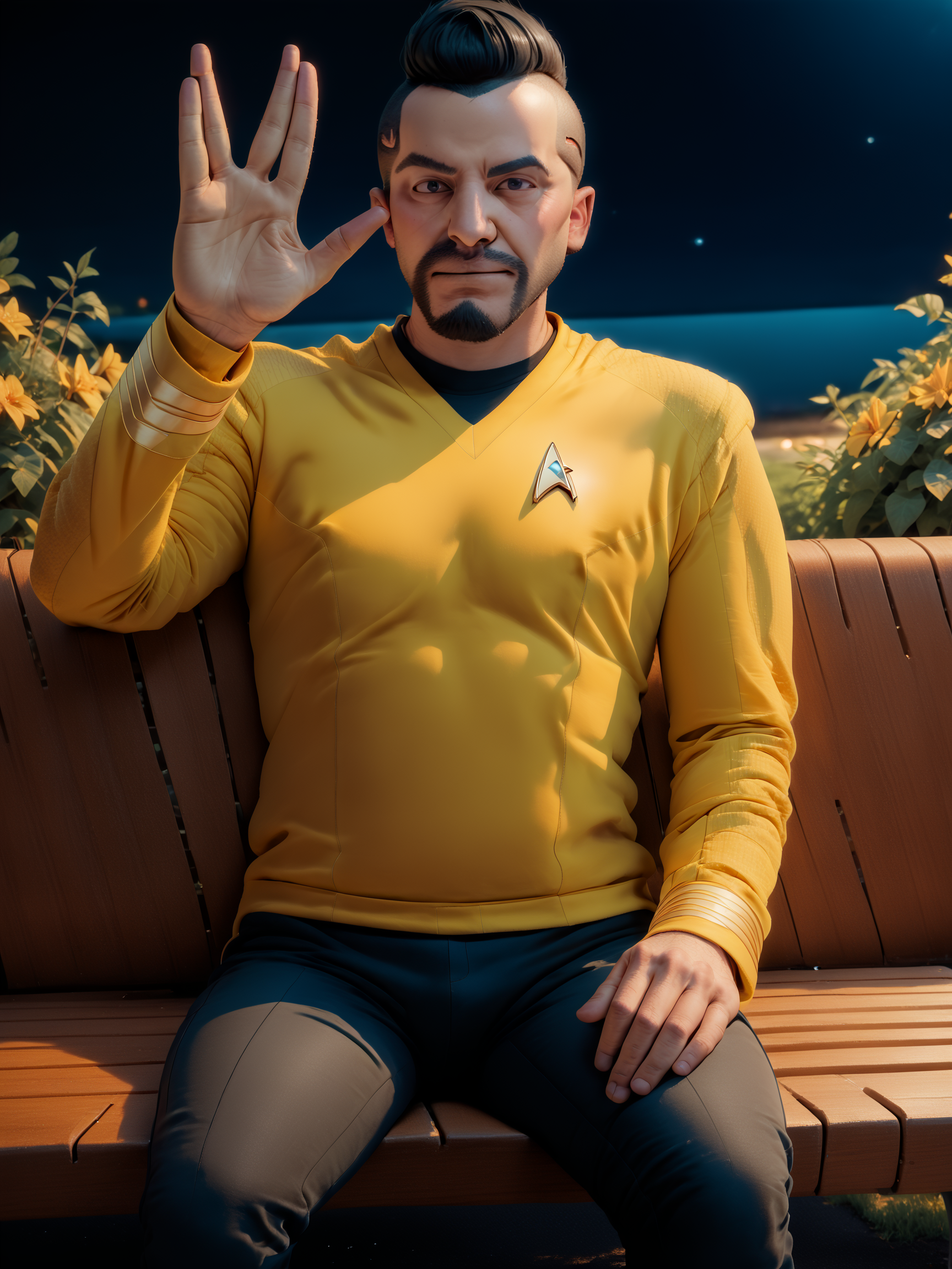 score_9, score_8_up, score_7_up, score_6_up, score_5_up, man in star trek yellow uniform, in stsnwunf,long sleeves,black pants,buzzcut,black beard,on a bench,in park<lora:ponySNW:0.8>, vulcansalute hand gesture,<lora:VulcansalutePonyV1-000035>