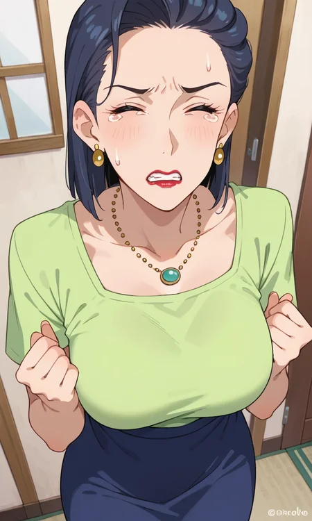(1girl:1.5), (solo:1.3), (score_9, score_8_up, score_7_up, score_6_up, score_5_up, score_4_up), (source_anime), rating_questionable, looking at viewer, (portrait:1.3),indoors, entrance, crying, (parody, closed eyes, clenched teeth, sweatdrop:1.5)
<lora:kazama-mineko_v2:0.8> (kazama-mineko), (black eyes, eyebrows, eyelashes, dark blue hair, medium hair, hair slicked back, forehead, red lips, parted lips, mature female), (large breasts, wide hips, thick thighs), (green shirt, wide neck shirt, dark blue skirt, earrings, necklace),
hands up, clenched hands, (from above:1.3)