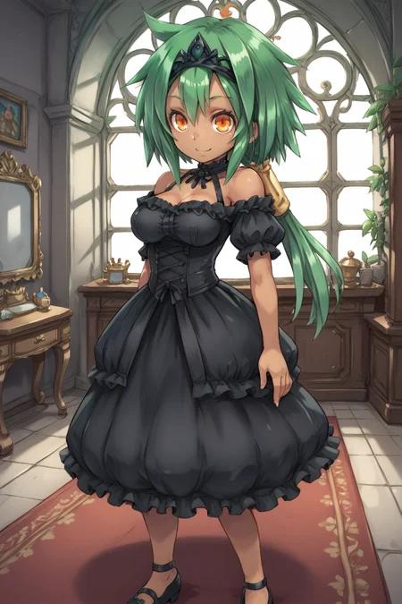 (score_9, score_8_up, score_7_up, score_6_up), source anime, BREAK, <lora:Kylier:0.75> , kylierdef, 1girl, (dark skin), green hair, low-tied long hair, long hair, orange eyes, large breasts, (queen), royalty, princess, tiara, (off-shoulder_dress), black dress, (solo), smile, <lora:zy_Detailed_Backgrounds_v1:0.4> , detailed background, highly detailed, interior, <lora:backgroundsetXL:0.3> , background, indoor, gothic room, interior, palace, ottoman, hands at sides, <lora:m0njy4XLP:0.7> , m0njy4,