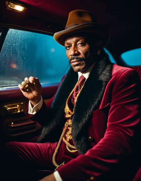 (Cinematic film still:1.7) photography portrait of a pimp, 1971, exuberant colorful clothes, reaching for his suit pocket, menacing, sitting in the back of his burgundy velvet interior car, (very intense look:1.5), foggy night time, smoky, (fur and alpaga surcoat:1.3), (golden ring:1.2) and (pocket watch), hat, radiosity, subsurface scattering, highly detailed, vintage tones, hyperrealistic, hyperdetailed, intricate, textured, , dutch angle, from below, wide camera angle actions scene, (foreshortening:1.5), . shallow depth of field, vignette, highly detailed, high budget, bokeh, cinemascope, moody, epic, gorgeous, film grain, grainy