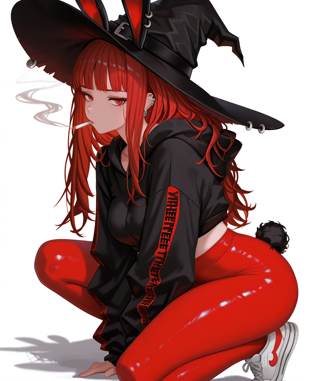 <lora:yan_kodiac:1> yan_kodiac,
(masterpiece), (best quality), (ultra-detailed), amazing quality, very aesthetic, illustration, perfect composition, intricate details, absurdres, incredibly absurdres, shiny skin, realistic,
 yan_kodiac, 1girl, cigarette, solo, piercing, hat, ear piercing, red hair, smoking, red eyes, witch hat, long hair, rabbit ears, tail, rabbit tail, animal ears, hood, looking at viewer, fake animal ears, squatting, shoes, earrings, sneakers, black headwear, hoodie, jewelry, pants, black hoodie, , white background, long sleeves, , pantyhose, on one knee, breasts, , blunt bangs, red pantyhose, simple background, smoke, fake tail, hood down, sensitive