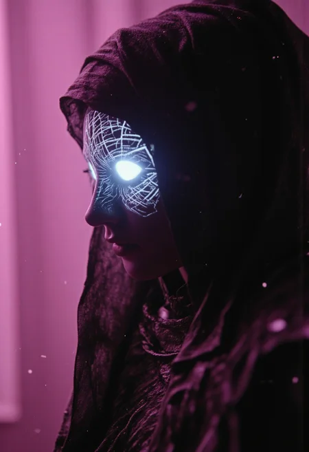 Perfect Neon Colorful and bright Scene, polished AS science fiction, extreme hkevil no face closeup movie portrait, long haired shrouded Silhouette of a princess Zelda with towering billowing Hair and bleaked light pink/brown and beige deep black distressed, bleaked grey Gradient, White eyes, Planet head, Planethead, planet hat, Highly detailed photorealistic close-up scene of a No Face inblacks. The background is Sunny landscape, while motion streaks and dynamic lighting enhance the sense of speed and intensity, with the eyes glow piercing through the Air and particles. Create a striking neon-colored, sci-fi portrait featuring a mysterious, long-haired princess Zelda silhouette with towering, billowing hair. The figure is clad in intricately patterned porcelain armor, inspired by Vermeer's 'Girl with a Pearl Earring.' Her white, glowing eyes trail vibrant neon light, capturing a sense of speed and intensity against a misty, fog-filled night backdrop. The dynamic scene contrasts deep blacks with bright, sunny landscape elements, and motion streaks enhance the feeling of swift movement. This photorealistic, highly detailed close-up exudes a polished, futuristic aesthetic.