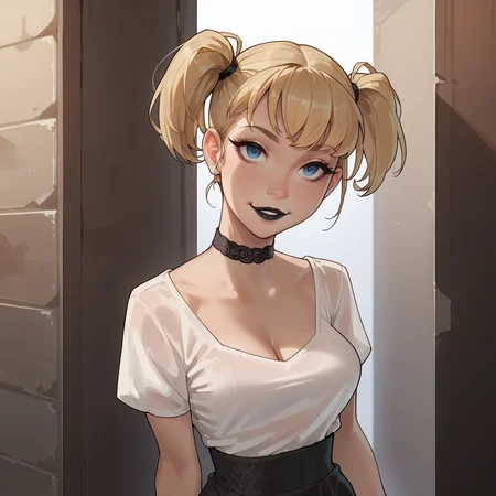 score_9, score_8_up, score_8, score_7_up,score_7, source_anime, rating_explicit, hires, (detailed,best quality:1.2),(<lora:Expressive_H:0.3>), (<lora:JGStyle:0.6>),(<lora:incase-ilff-v3-4:0.8>), (skinny:1.3), narrow waist, 1girl, <lora:Harley_Quinn:0.9> , Harleybtas,solo,twintails,short hair,blonde hair,blue eyes,choker,black lips, large breasts, cleavage, lace, looking at viewer, head tilt,