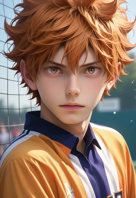 zPDXL3, zPDXLrl, close-up, depth of field, highly detailed, 1boy, solo, male focus, shoyo hinata, messy hair, orange hair, orange eyes, volleyball uniform, intricate detail, hyperdetailed, photorealistic, skin pores, perfect face, volumetric light, dynamic pose