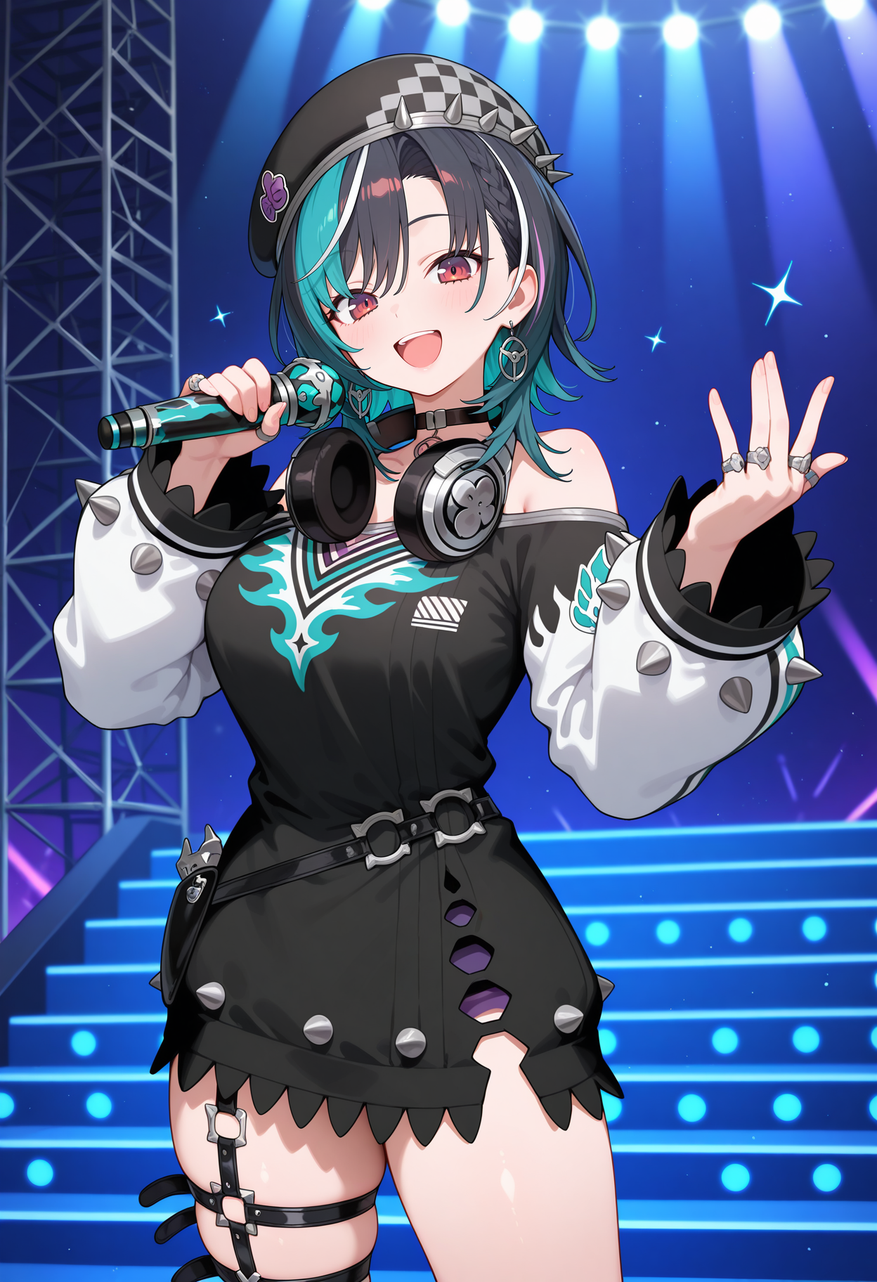 best quality, masterpiece, 1girl, aachihaya, medium hair, multicolored hair, black hair, beret, black headwear, earrings, red eyes, headphones around neck, black choker, off shoulder, black dress, long sleeves, ring, single garter strap, thigh strap, <lora:rindo_chihaya_ilxl_v1:0.9>, standing, cowboy shot, stage, singing, smile, open mouth, holding microphone, looking at viewer,