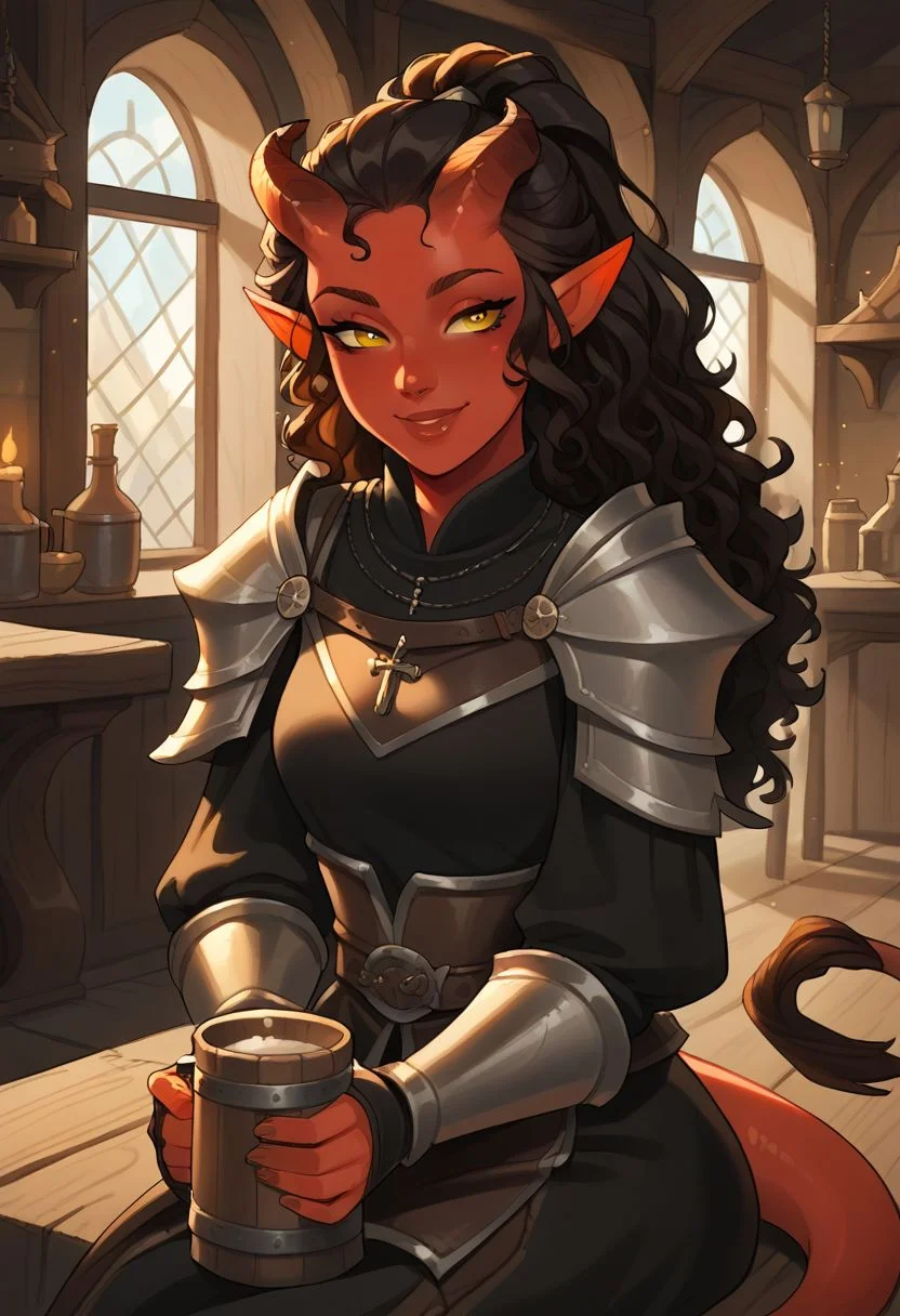 score_7_up,
1girl, Tiefling, pointed ears, horns, colored sclera, yellow eyes, tail, red skin, black curly hair, ponytail, long hair,
paladin, cleric, (heavy armor),
in fantasy tavern, sitting, medieval mug, slight smile,