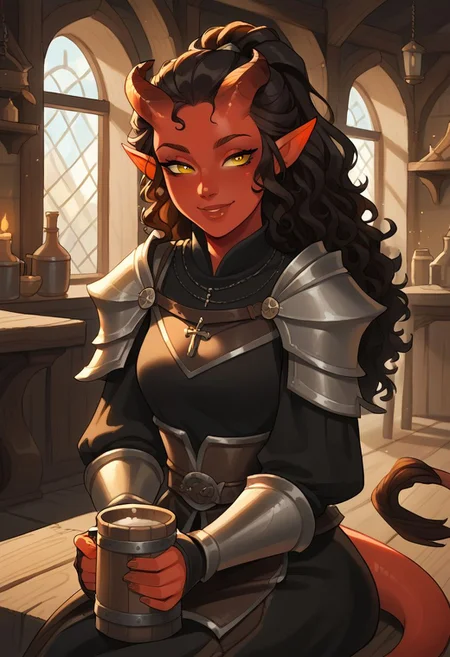 score_7_up, 
1girl, Tiefling, pointed ears, horns, colored sclera, yellow eyes, tail, red skin, black curly hair, ponytail, long hair,
paladin, cleric, (heavy armor),
 in fantasy tavern, sitting, medieval mug, slight smile,