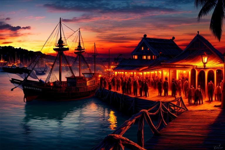 (masterpiece:1.2), (best quality,:1.2), 8k, HDR, ultra detailed, ((photorealistic)), perfect anatomy, professional light, cinematic lighting, fashion photography, ambient lighting, pire, ships, pier outside a tavern over looking a busy harbor in the caribbean, colorful sunset