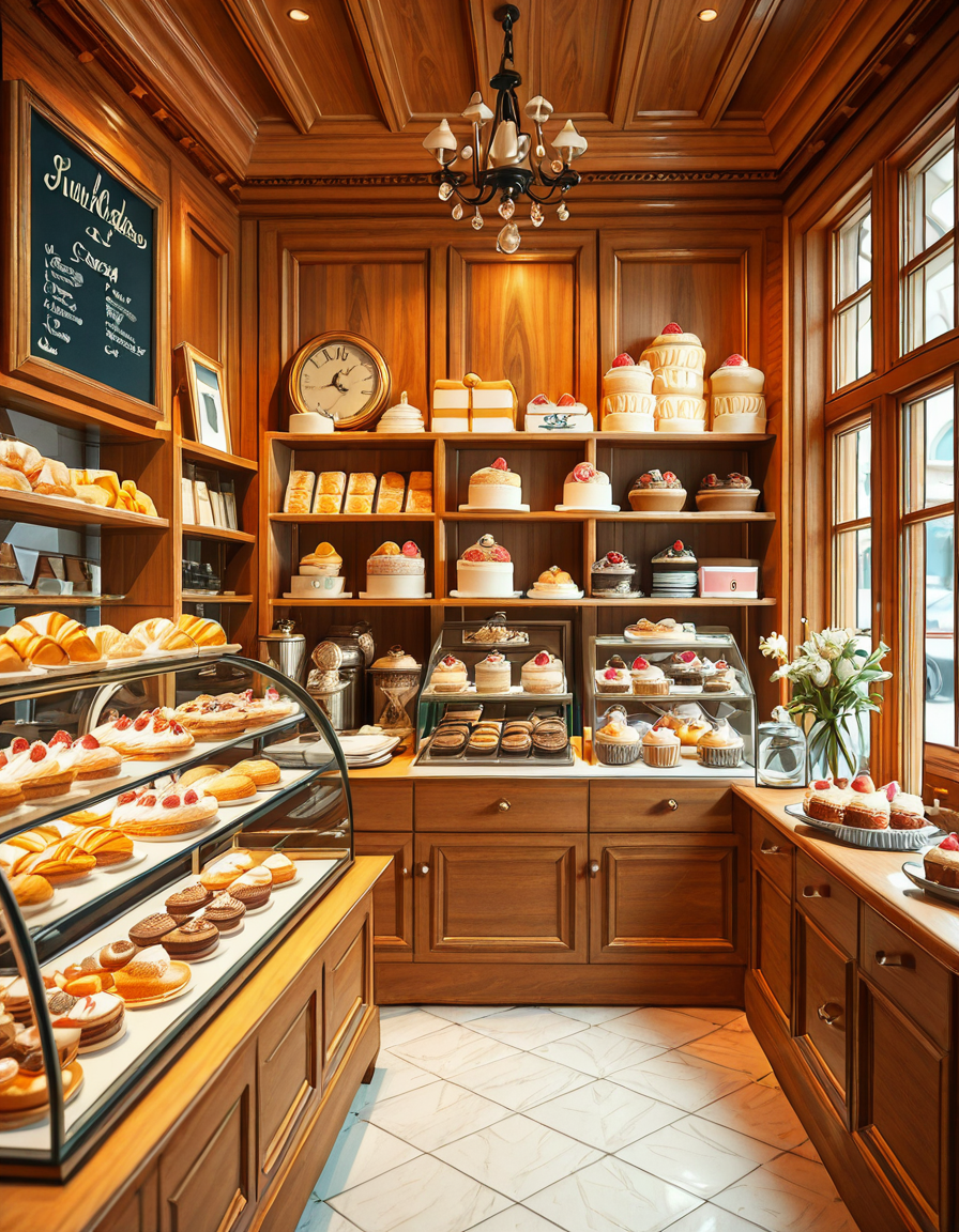 A beautifully designed, elegant pastry shop with a luxurious European-inspired aesthetic. The interior features intricate moldings, high ceilings, and large arched windows that allow natural daylight to stream in, casting a soft glow over the polished marble floors. The walls are adorned with pastel-colored wallpaper, delicate gold accents, and vintage-style framed paintings of pastries and tea sets.
The centerpiece of the shop is a long glass display case filled with an exquisite assortment of pastries, including colorful macarons, delicate éclairs, fruit tarts with glistening glaze, and elegantly decorated cakes with intricate sugar flowers. Behind the counter, shelves lined with neatly arranged boxes of artisanal chocolates, fine teas, and jars of homemade jam add to the refined atmosphere. Crystal chandeliers hang from the ceiling, casting a warm golden light that reflects off the glass surfaces.
Small round tables with marble tops and wrought iron chairs are arranged neatly throughout the space, each set with fine porcelain teacups and decorative napkins. A large antique-style clock hangs on the wall above a wooden shelving unit filled with fresh baguettes and croissants resting in woven baskets. The air is filled with the inviting scent of fresh-baked pastries, vanilla, and rich espresso.
In the background, a grand espresso machine with polished brass fittings sits atop a marble counter, next to a beautifully arranged tiered cake stand displaying freshly made confections. A large, arched doorway with a carved wooden frame leads to a cozy back room with additional seating and a vintage-style menu board showcasing the shop's specialties written in elegant calligraphy. The entire setting evokes a sense of refinement, charm, and indulgence, with a warm and welcoming ambiance.
<lora:SDXLFaeTastic2400:0.4> <lora:extremely_detailed:0.4> extremely detailed, <lora:elegant_p4stry_sh0p_illus:1>,elegant p4stry sh0p, Masterpiece,best quality,hi res,8k,hi res,8k,award winning,(sharp focus, intricate, highly detailed),