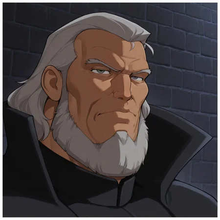 masterpiece, best quality, newest, absurdres, highres, Diz_D00dz, white borders around characters, soft light, BREAK bara, muscular, 1man, male focus, male, male focus, Macbeth, brown skin tone, gray hair, menacing look, gray eyes, beard, chin curtain, {{beefy}}, {{muscular}}, {{large}}, close up to face, night, brick wall, arrogant look, hands on the waist,