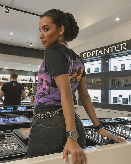 photo (medium), 8k, high quality,35mm shot, A very beautiful 26 year old Ethiopian woman DJing, view from behind in At a luxury watch store, exclusive timepieces displayed in elegant cases., wearing The person is wearing a black graphic t-shirt with a 'Pantera' design featuring vibrant colors including purple and orange. The t-shirt is paired with faded black jeans. They have layered silver necklaces, including a chain link and one with a cross pendant, and a black wristband. The outfit has a casual, rock-inspired aesthetic., (Natural body:1.3) ,IGMODEL, sharp image,(detailed skin, detailed face:1.3), face skin texture, subject in focus, <lora:ultimate_influencer_sdxl-000016:0.5> <lora:real-humans-PublicPrompts:0.3>