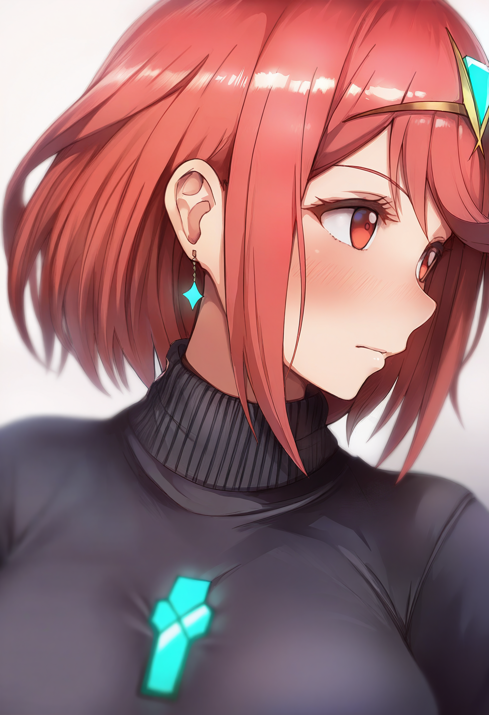 1girl, solo, pyra \(xenoblade\), black sweater, portrait, depth of field, looking to the side, 
masterpiece, best quality, <lora:hotmelon-guy90-Illust-Lycorisv1:1> hoelon
