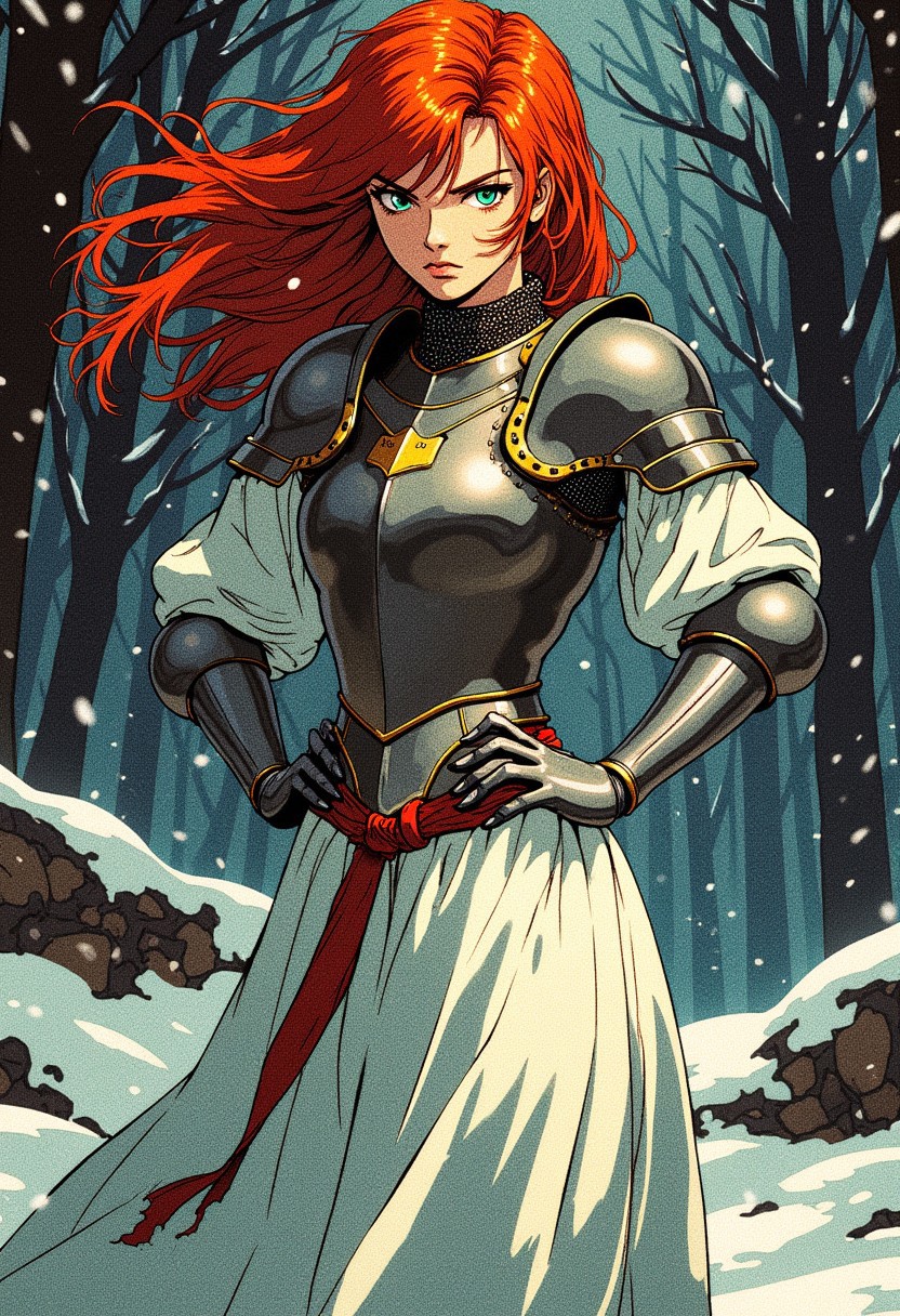 The image is a digital illustration in a detailed, vibrant, high contrast, semi-realistic art style with 90s retro futuristic anime elements without noise or comic halftone effect. The subject is a woman with bright red hair blowing in the wind and green eyes. Her face showing a serious expression. The stark white gossamer dress. Her body is slender and athletic. Her body is slender and pale. she wears a medieval knights breastplate over her dress, she stands defiantly with both hands on her hips. The background is a detailed dark and snowy forest.  The compostition and the poses are dynamic. The composition is dominated by cool tones, with a muted, slightly gritty texture that enhances the gritty, medieval fantasy atmosphere.