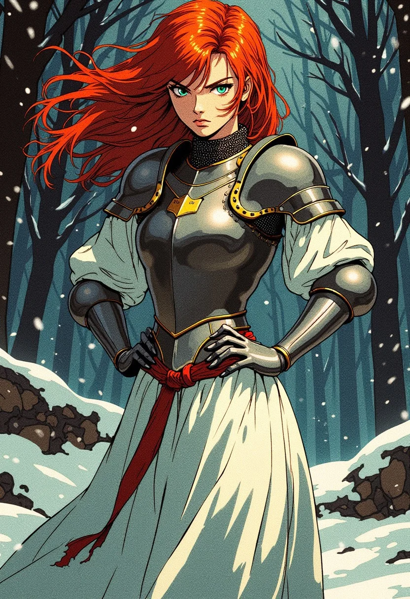 The image is a digital illustration in a detailed, vibrant, high contrast, semi-realistic art style with 90s retro futuristic anime elements without noise or comic halftone effect. The subject is a woman with bright red hair blowing in the wind and green eyes. Her face showing a serious expression. The stark white gossamer dress. Her body is slender and athletic. Her body is slender and pale. she wears a medieval knights breastplate over her dress, she stands defiantly with both hands on her hips. The background is a detailed dark and snowy forest. The compostition and the poses are dynamic. The composition is dominated by cool tones, with a muted, slightly gritty texture that enhances the gritty, medieval fantasy atmosphere.