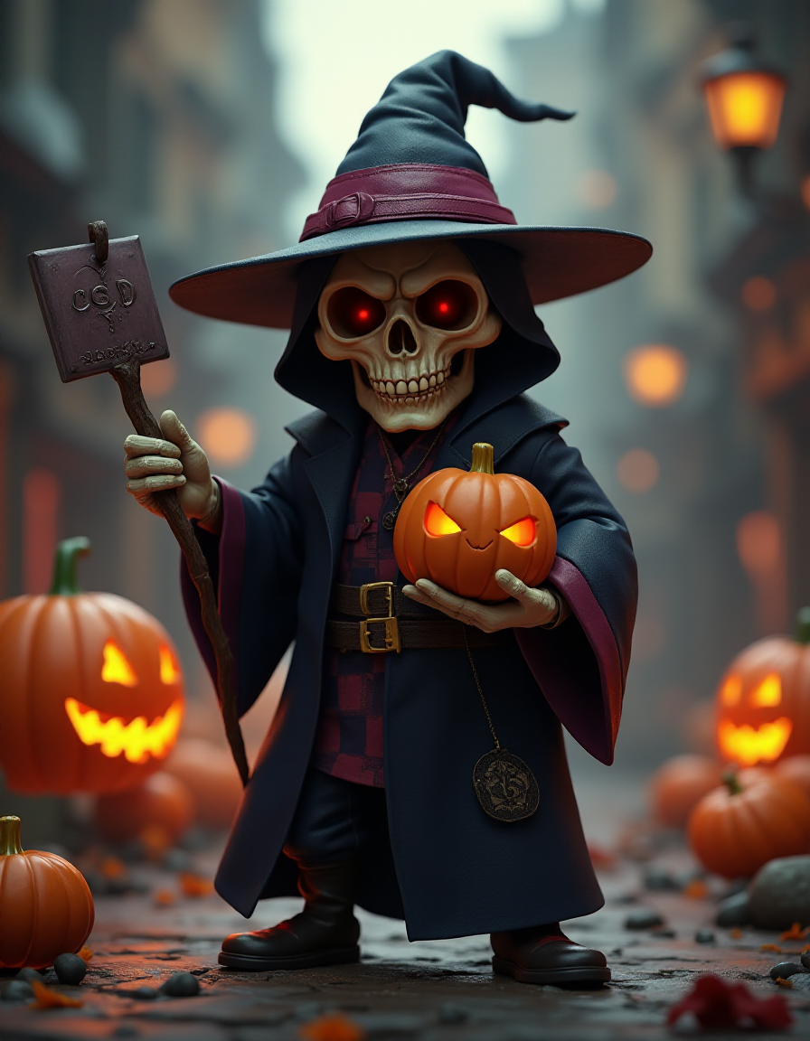 cartoon 3d, full body, blur background, skull magician with jack o'lantern, fantasy style, digital art, concept art game, 3d hand painting, detailed, 8k uhd, high quality   <lora:flux_realism_lora:1>