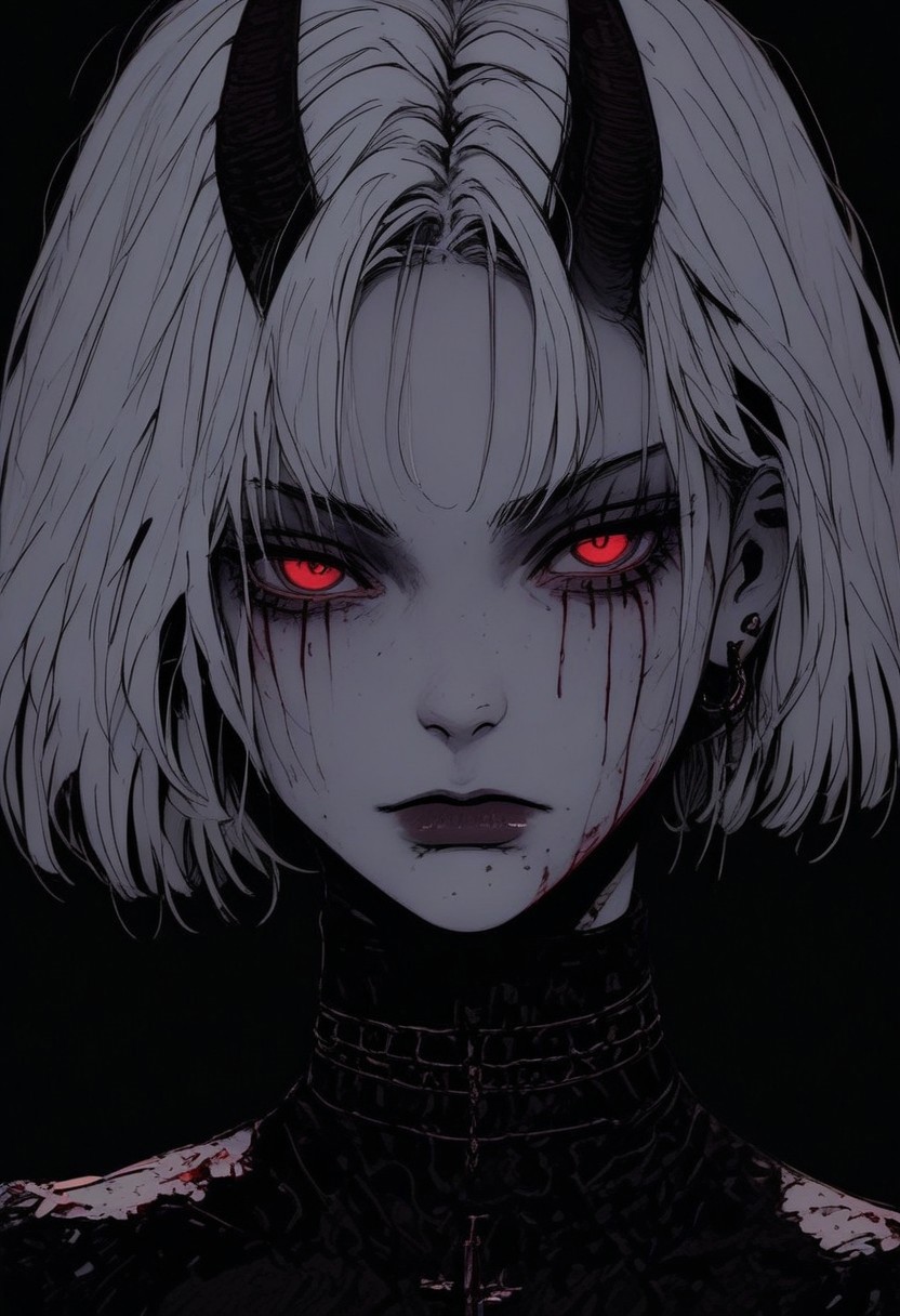 score_9, score_8_up, score_7_up, flat color, blood dripping from mouth, demon girl, demon horns, gthan, gothic, jewelry, red eyes, eyes glowing like leds, solo, blood, earrings, cross, 1girl, black background, looking at viewer, portrait, short hair, necklace, blood on face, cross necklace, simple background, spot color, closed mouth, white hair, cross earrings
