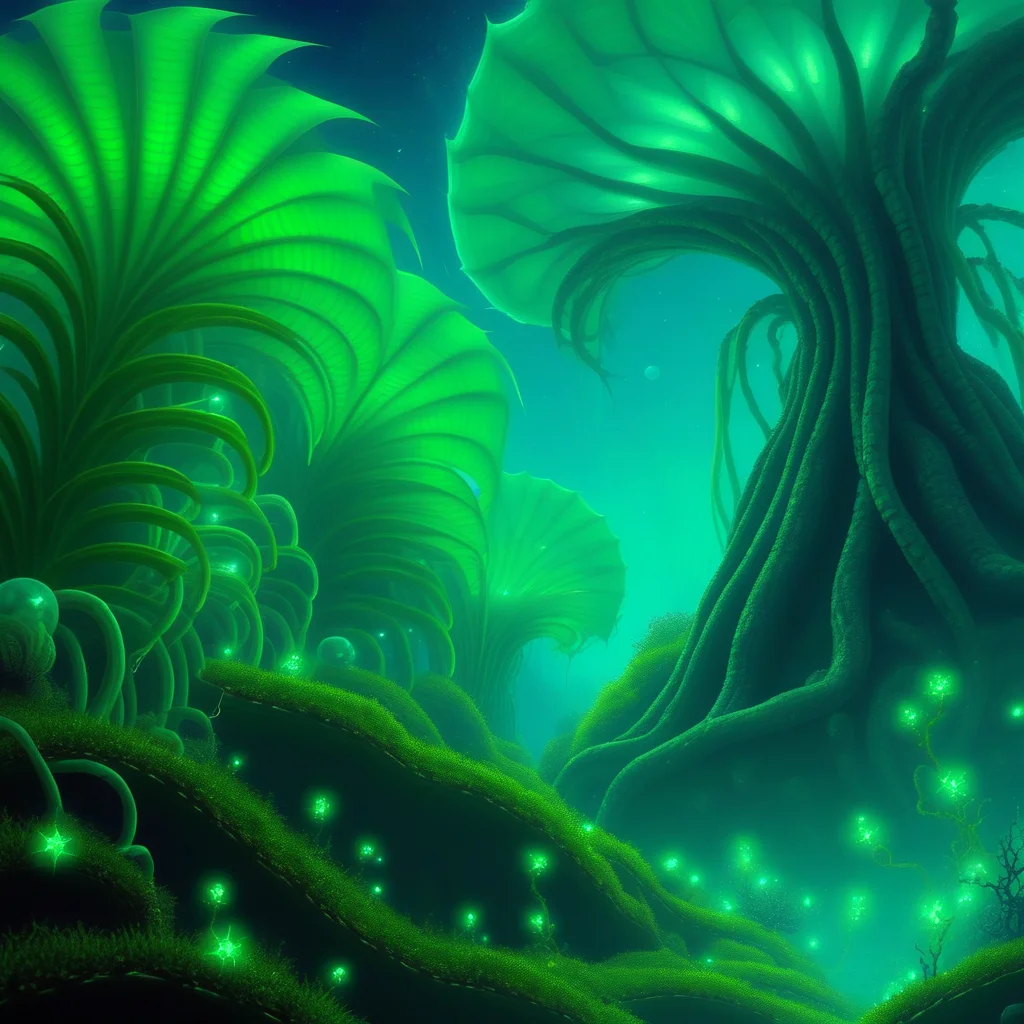 nature, fantasy, glowing, star (sky), green theme, tree, underwater, sky, forest