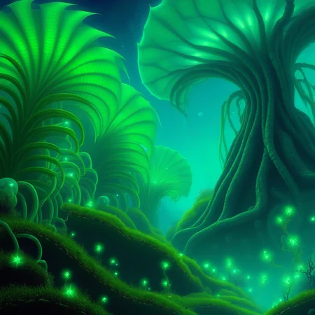 nature, fantasy, glowing, star (sky), green theme, tree, underwater, sky, forest