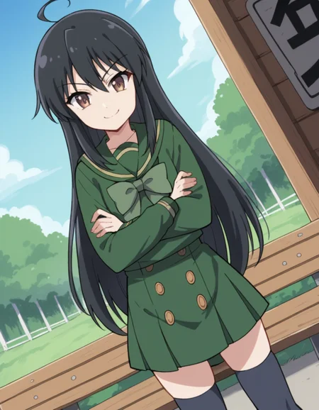 score_9, score_8_up, score_7_up, source_anime, <lora:shakugan-no-shana-s3-ponyxl-lora-nochekaiser:1>, shana, long hair, black hair, brown eyes, ahoge, sidelocks,, school uniform, serafuku, green serafuku, bowtie, green bowtie, green shirt, green sailor collar, long sleeves, green skirt, buttons, thighhighs,, bus stop, waiting, benches, shelter, route, smile, crossed arms, smug, looking at viewer, solo,, dutch angle, cowboy shot