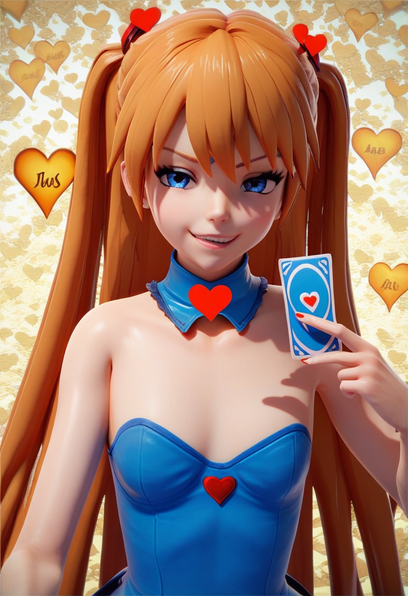 score_9, score_8_up, score_7_up, 1girl, alice in wonderland style, Asuka Langley, blue dress, detached collar, Queen of Hearts, holding card, smug grin, 3d \(artwork\)