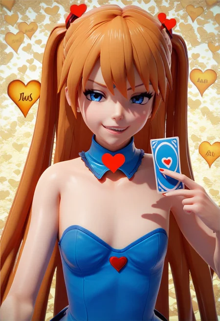 score_9, score_8_up, score_7_up, 1girl, alice in wonderland style, Asuka Langley, blue dress, detached collar, Queen of Hearts, holding card, smug grin, 3d \(artwork\)