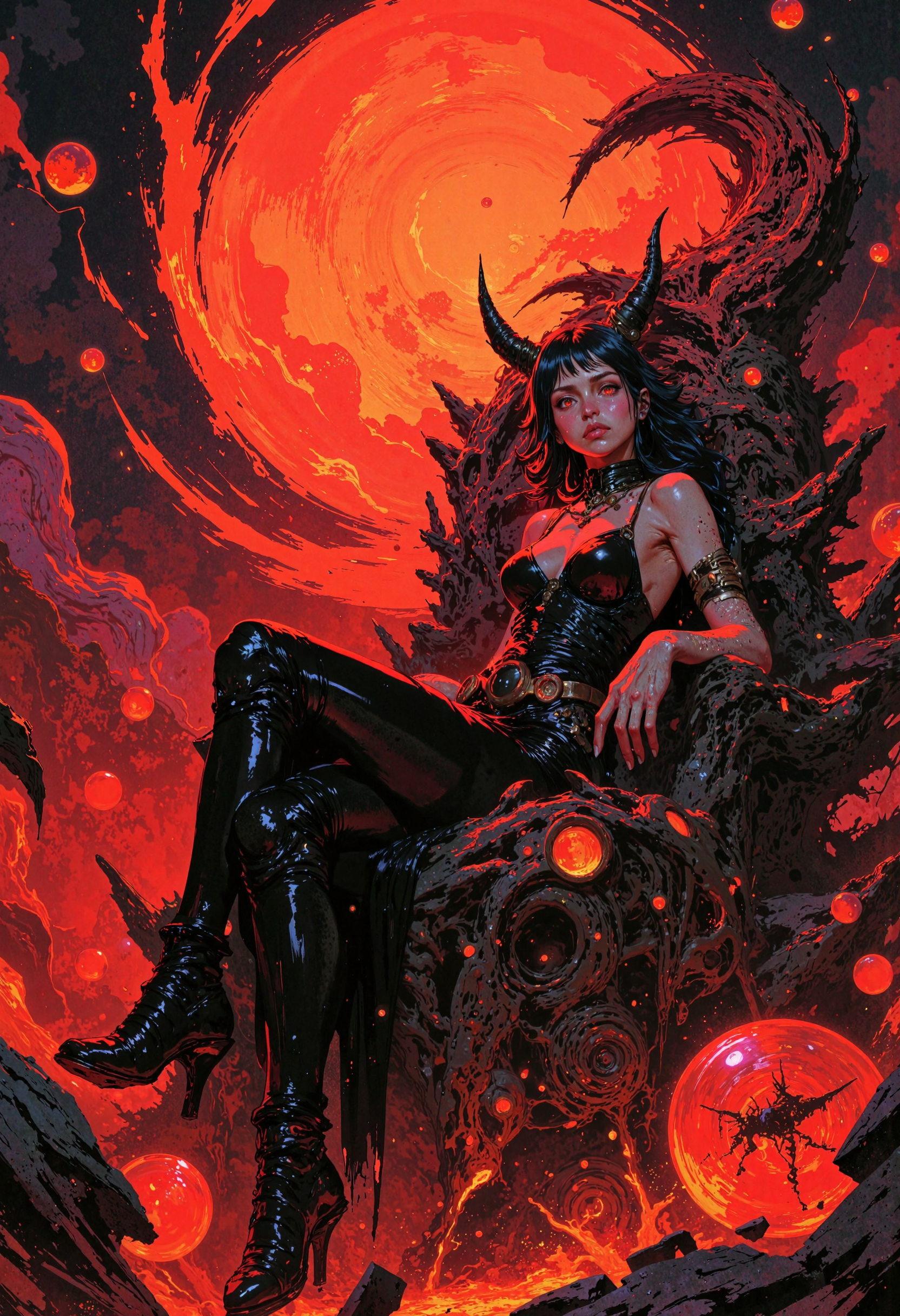 masterpiece, high-quality, A sultry demoness reclines atop a throne of twisted obsidian spires, glowing veins of molten orange light coursing through the jagged structure. The camera captures her from a sharp, tilted perspective that emphasizes her commanding, languid pose and the sharp contrasts of her sleek black leather dress against the fiery glow. Her short, sharp horns glint faintly under the blood-red light of a massive eclipse suspended in the sky above, its fragmented edges sending streaks of crimson light rippling through the ashen clouds. Around her, translucent orbs hover in slow, synchronized motion, casting distorted reflections across the hyperdetailed chamber lined with shattered, glowing relics of a forgotten age., <lora:FLUX\FLUX-daubrez-DB4RZ:0.3> <lora:FLUX\ArcaneFGTNR:0.5> <lora:FLUX\VividlySurrealOrigin:0.8> <lora:FLUX\Anime v1.3:0.5>