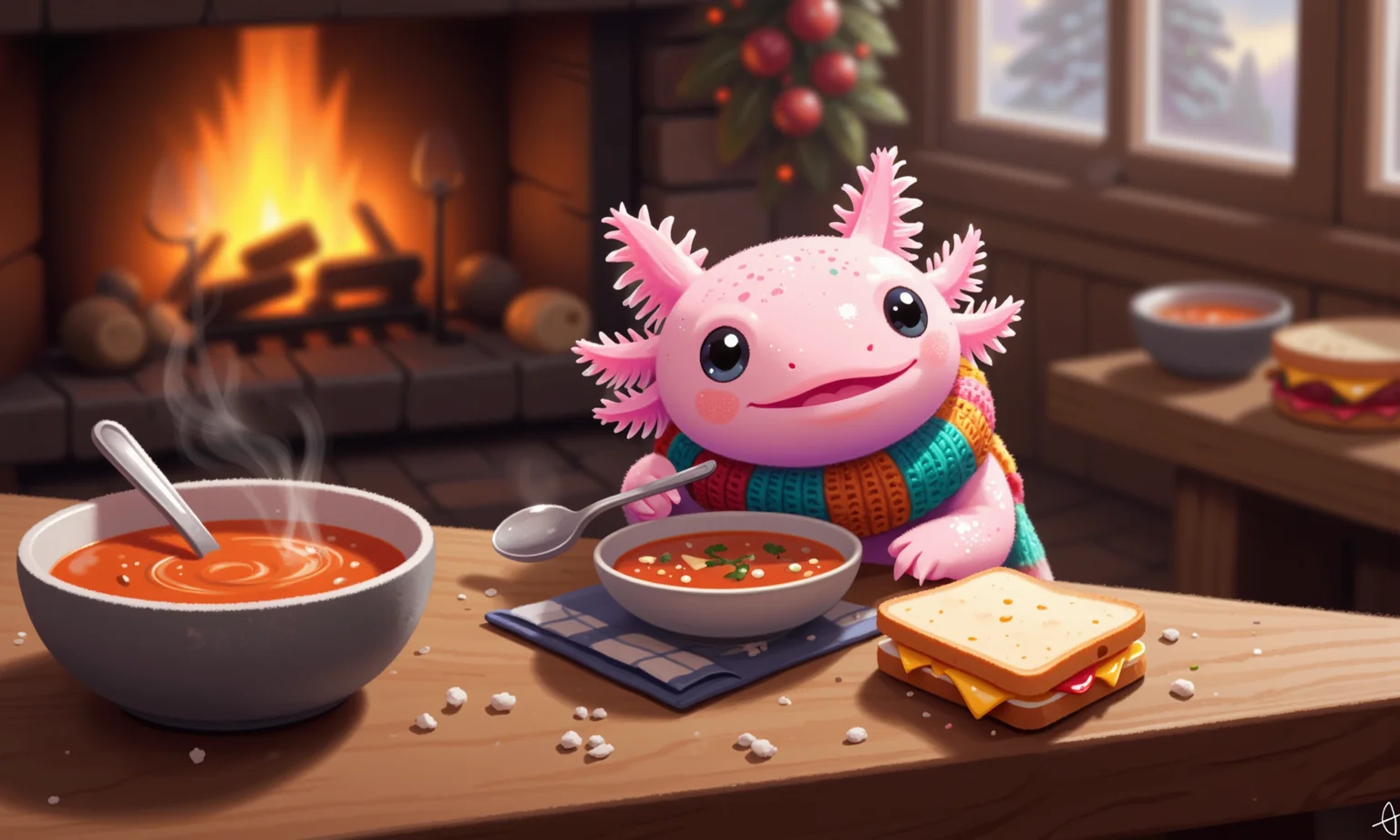 pikaole, axolotl, side view of a pink axolotl at a rustic wooden table, wrapped in a miniature knitted scarf, enjoying a steaming bowl of tomato soup with a small grilled cheese sandwich beside it; its frilly gills sway gently as it takes a spoonful, round black eyes shining with comfort; the tabletop is adorned with a small napkin, silver spoon, and a few crumbles of bread, while tilt-shift blur softens the fireplace glow and cozy cabin decor in the background, creating an inviting and homely warmth, happy axolotls<lora:Axomodel_Flux_V1.1.safetensors:0.85:0.85> <lora:Pikaole v2 (FLUX)_v2_E6.safetensors:0.75:0.75>