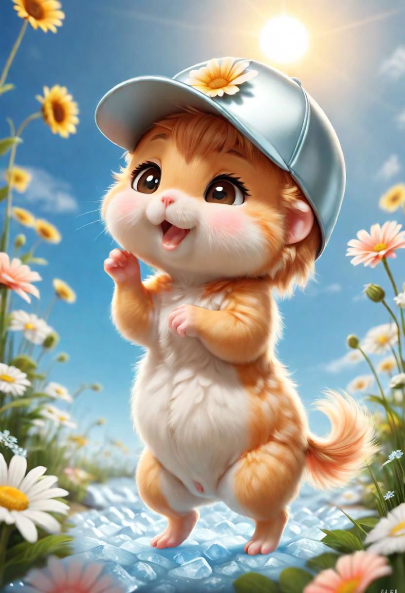 ral-fluff,<lora:ral-fluff:1>,
chibi,masterpiece,best quality,original,official art,silver metallic hamster, hat,flower,blurred background,rendering,beautiful detailed glow,(detailed ice),beautiful detailed sun,sunny, blurred flower, happy
