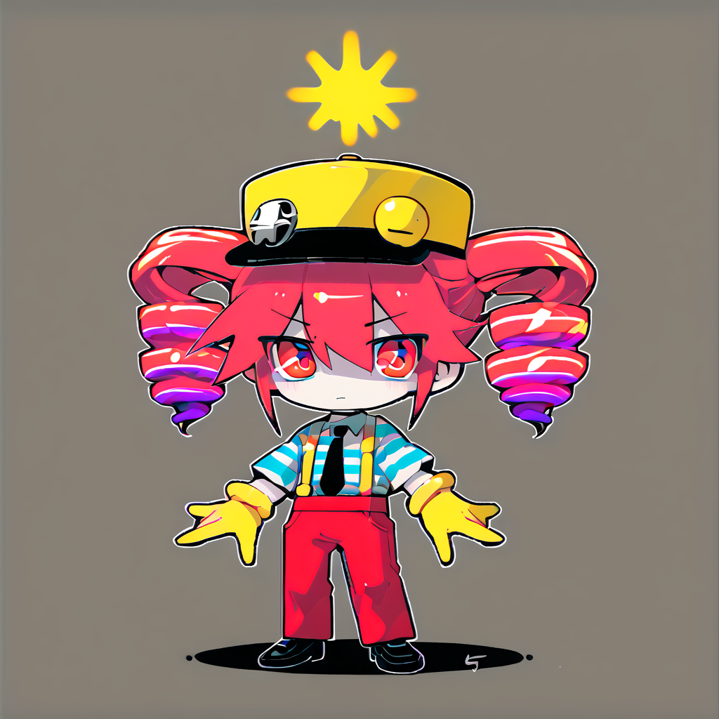 <lora:5:1>, vibrant colors, chibi,  <lora:Teto_Mesmerizer_PDXL:0.8> tetomesmerizer, kasane teto, striped shirt, yellow gloves, black necktie, suspenders, red pants, hat
