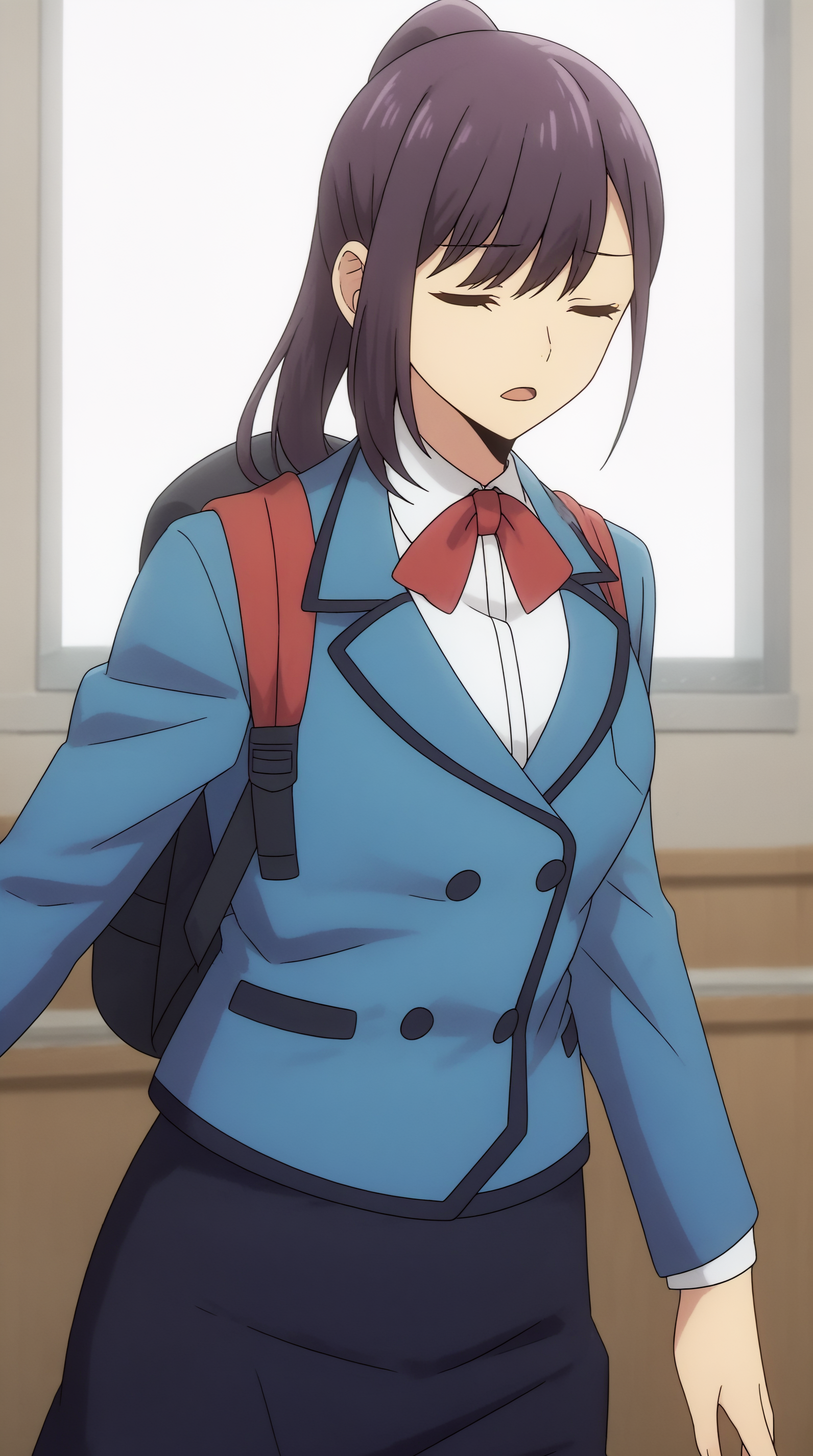 score_9, score_8_up, score_7_up, best background, detailed background, 4k, upscale, anime_source  Sung Jin-ah, solo, open mouth, shirt, skirt, long sleeves, bow, ribbon, jacket, school uniform, white shirt, closed eyes, collared shirt, bowtie, black skirt, bag, red bow, blue skirt, neck ribbon, blue jacket, backpack, blazer, red bowtie, hair behind ear  <lora:JN_Sung_Jinah_Pony:0.8>