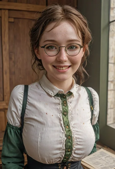epiCRealism, Closeup, ((Fixhand)), amazing quality, masterpiece, best quality, hyper detailed, ultra detailed, UHD, perfect anatomy, portrait, dof, hyper-realism, majestic, awesome, a busty freckled girl with extremely swooping breasts that strains her blouse and underbust corset, ((covered nipples)), smile, blush, wavy black hair tied up in a bun, perfect and curious light grey eyes,she has an hourglass figure with narrow waist and large swooping breasts, she is an accountant in a Victorian Bank working on vintage ledger besides a window that shows St Paul cathedral, wearing big round glasses and green visors and black sleeve garters and shirt cuff black protectors, cinematic composition, soft shadows, national geographic style, white blouse unbuttoned, cleavage, sly smile, one hand on cleavage ((Fixhand)), extremely detailed background