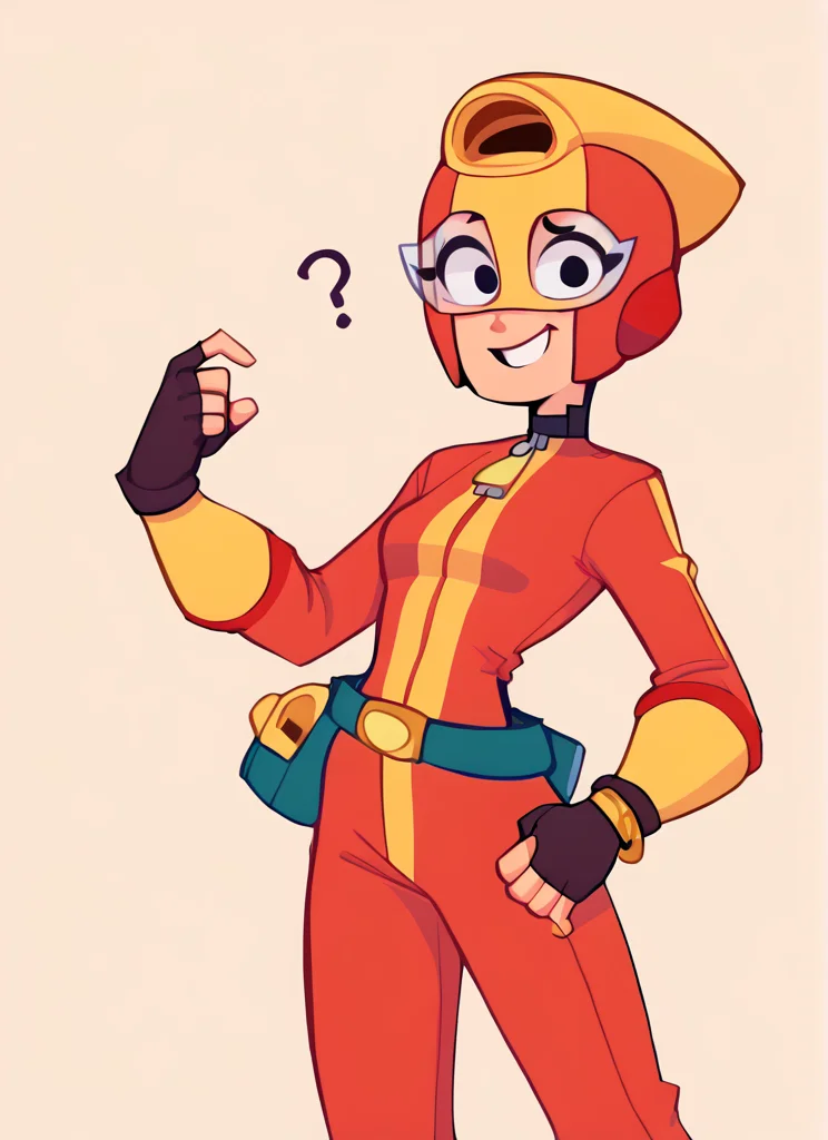 score_9, score_8_up, score_7_up, , bsmax , 1 girl , red bodysuit , simple background, red helmet , smile , glases , fingerless gloves, solo, confused, , yellow bracelet, belt <lora:bsmax:1> <lora:SyrupyyyArt:1>syrupyyy